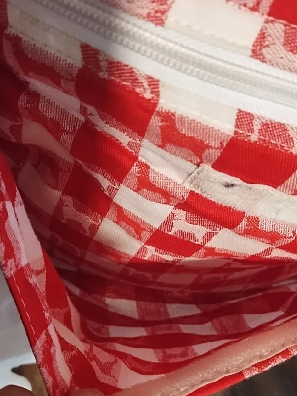 Red Checkered Tote Bag with White Handles EUC.